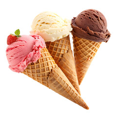 A trio of ice cream cones featuring strawberry vanilla and chocolate against a black background