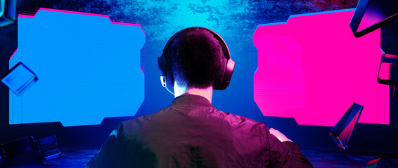 gamer playing the online game with joystick controller in neon glow dark cyberpunk room, gaming and e-sports challenge tournament streaming, streamer with analog device