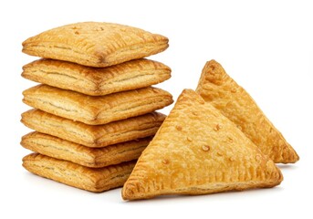 Stack of square and triangular puff pastry isolated on white background