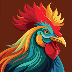 Vibrant rooster illustration with bold colors and modern graphic style design featuring colorful feathers