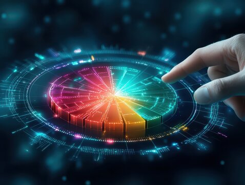 business success pointing concept. Digital interface with colorful data visualization and a hand interacting with the graphic display.
