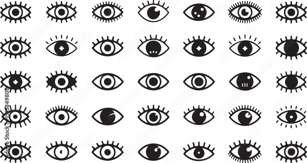 Poster high resolution eye icon set design featuring various styles and a single eye graphic in cmyk and gr