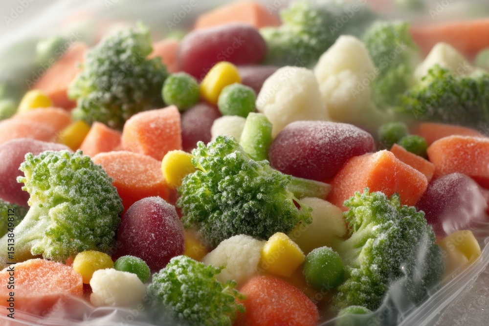 Poster close-up view of frosted vegetables in steamable pouch showcasing vibrant colors and fresh texture