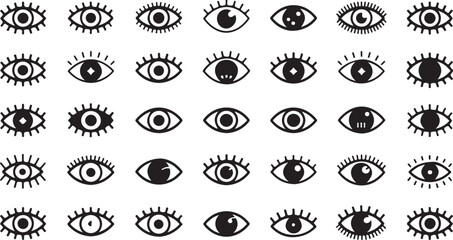 High resolution eye icon set design featuring various styles and a single eye graphic in cmyk and grayscale color modes