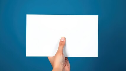 Fototapeta premium hand holding a blank white sheet of paper on a solid blue background