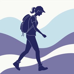 Fototapeta premium Silhouette of a woman hiking with a backpack against a wavy background in shades of blue and purple