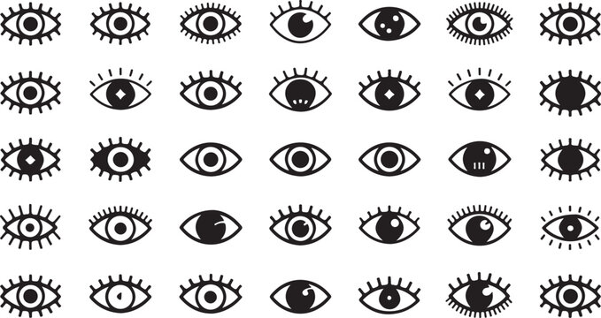 High resolution eye icon set design featuring various styles and a single eye graphic in cmyk and grayscale color modes