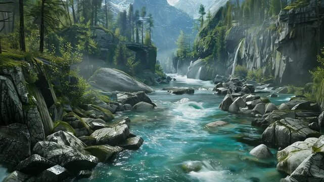 crystal clear river running through a forest gorge, cinematic 5-second video, slow camera pan or zoom, subtle motion, soft natural lighting, loopable, realistic style