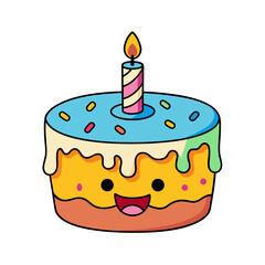 Cartoon Birthday Cake Icon with Candle, Happy Face, Dripping Frosting, and Sprinkles – Festive Vector SVG