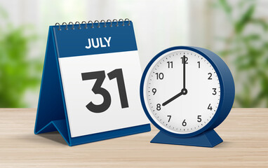Date 31 July 8 oclock. July 31 desk calendar and round table clock showing time 08 00. Realistic calendar and clock composition 3d illustration. Scheduled date and time planner design