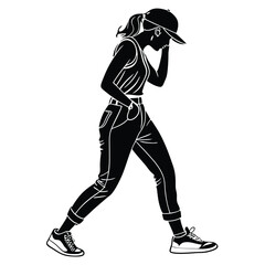 Silhouette of a woman in casual attire walking with a hand to her head on a white background
