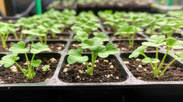 Closeup view of young plants in a seed starting tray. - Powered by Adobe
