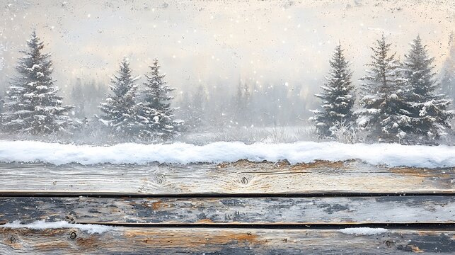 Scenic winter forest landscape with snow-covered trees viewed from a rustic wooden foreground, creating a peaceful mood.