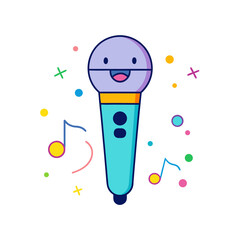 Cartoon Microphone Icon with Music Notes and Smiling Face – Bright Neon Colours, Fun Music Vector SVG
