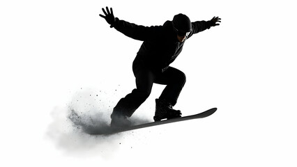 Ultra-realistic depiction of a modern snowboarder silhouette showcasing the snowboard sport isolated on white background with powerful and graceful elements
