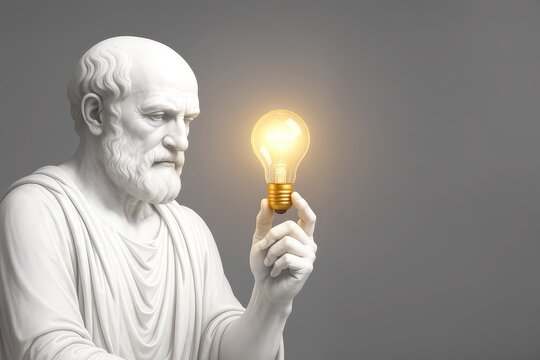 Classical marble statue of Greek philosopher holding a glowing lightbulb. Philosophy, wisdom, idea, creativity, knowledge concept. 3D rendered sculpture isolated on neutral background with copy space