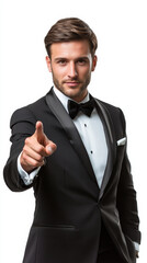 Confident man tuxedo is pointing his hand forward, exuding charisma and charm against clean, isolated background. His stylish appearance and poised demeanor create engaging and sophisticated
