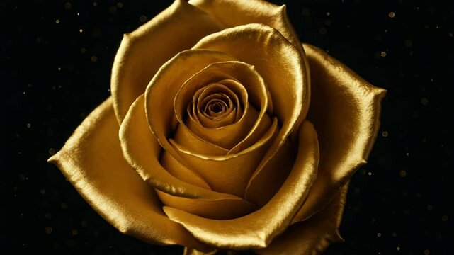 Una rosa dorada sobre un fondo negro despliega sus p&eacute;talos, revelando el capullo &mdash; video abstracto creado por inteligencia artificial.