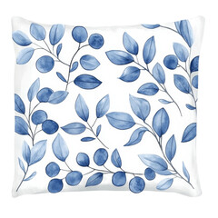 Decorative pillow featuring beautiful watercolor design of blue leaves and berries, creating serene and calming atmosphere in any space