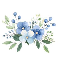 Beautiful arrangement of blue and white watercolor flowers with green leaves and berries, creating serene and elegant floral design. Perfect for invitations or decor