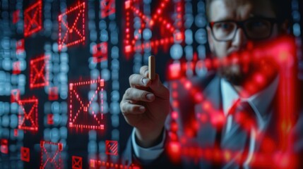 Close-up of a Businessman Analyzing Digital Data Flow of Email Communications in a Futuristic Environment