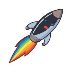 Cartoon Rocket Icon with Smiling Face and Rainbow Trail – Metallic Finish, Bright Colours, Illustration