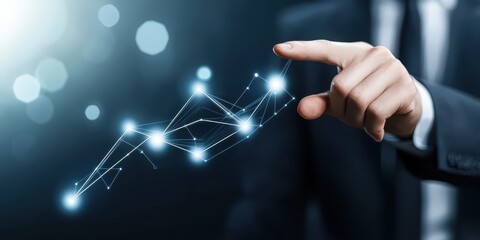 business success pointing concept. A hand interacting with a digital graph symbolizing growth and technology.