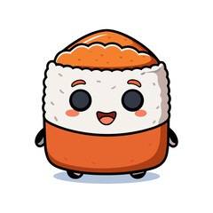Cartoon Sushi Roll Icon with Smiling Face and Salmon Topping – Cute Kawaii Food Vector, SVG