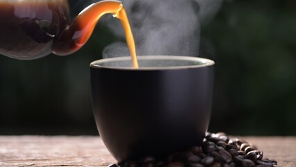 coffee cup, steamed hot coffee, hot coffee being poured into a mug
