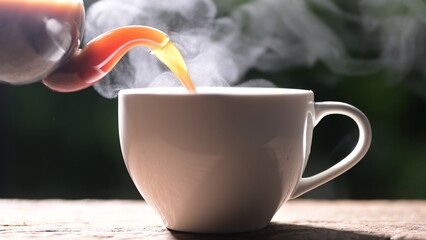 coffee cup, steamed hot coffee, hot coffee being poured into a mug