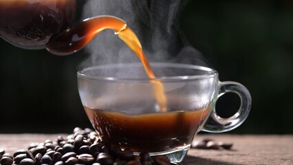 coffee cup, steamed hot coffee, hot coffee being poured into a mug