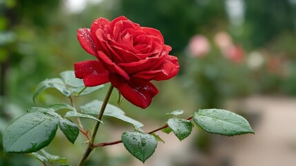 Red Rose with Water Droplets in Garden Setting