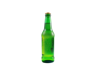 Isolated green beer bottle showing refreshing alcoholic beverage with bubbles on white background