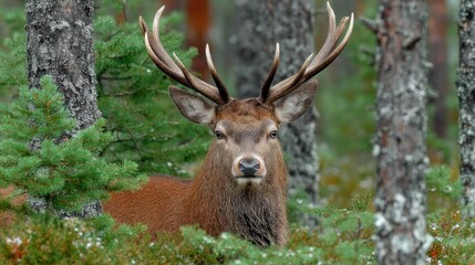 Fototapeta premium Majestic Deer with Antlers in Pine Forest