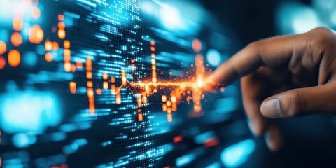 business success pointing concept. Futuristic hand touching a digital interface with data visualization elements.