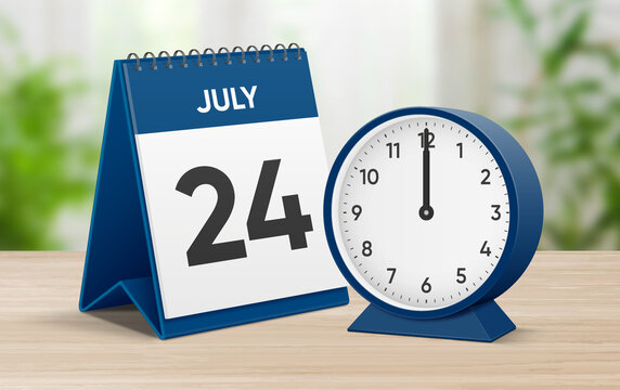 Date 24 July 12 oclock. July 24 desk calendar and round table clock showing time 12 00. Realistic calendar and clock composition 3d illustration. Scheduled date and time planner design