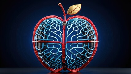 Obraz premium Digital art rendering of an apple inside a red, wireframe brain on a dark blue background 