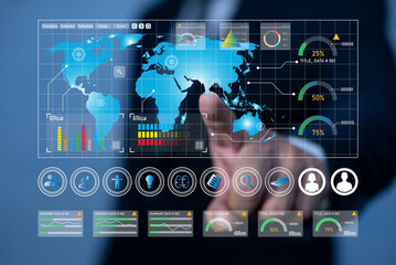 Businessman analyst manages the system database, and analysis data plans, and reports GDP marketing KPI sale. shows a dashboard chart. analytics business concept