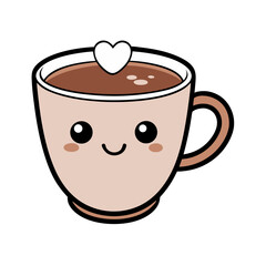 Kawaii Coffee Cup Cartoon Icon with Smiling Face and Latte Art – Cute Pastel Coffee Vector, SVG
