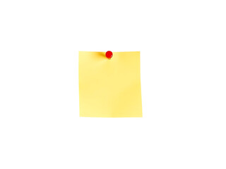 Yellow sticky note with red push pin on a clean white surface isolated closeup shot