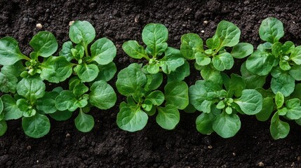 Naklejka premium Close-up view of young leafy greens in neat rows.