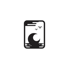 Crescent moon logo design on ocean beach in square frame.