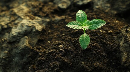 Freshly sprouted seedling emerging from dark rich soil.