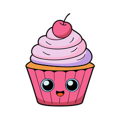 Kawaii Cupcake Cartoon Icon with Swirled Frosting, Sprinkles, and Cherry – Cute Dessert Vector, SVG