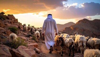 Shepherd guides his flock through rocky terrain during a vibrant desert sunset, a timeless journey.