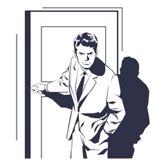 Man looking through open door.