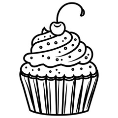 cupcake, cute doodle style baking illustration.Cherry Topped Cupcake Illustration.Clean line cupcake icon.Cup cake silhouette on white background.