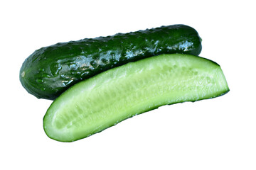 One whole and one half of a whole green cucumber lie on a PNG background.