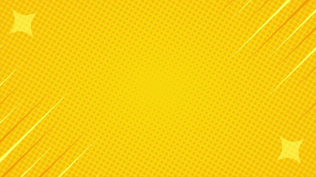 Yellow halftone comic background animation with fast sharp lines and stars. Seamless loop. Suitable for comics, presentations, posters, etc.