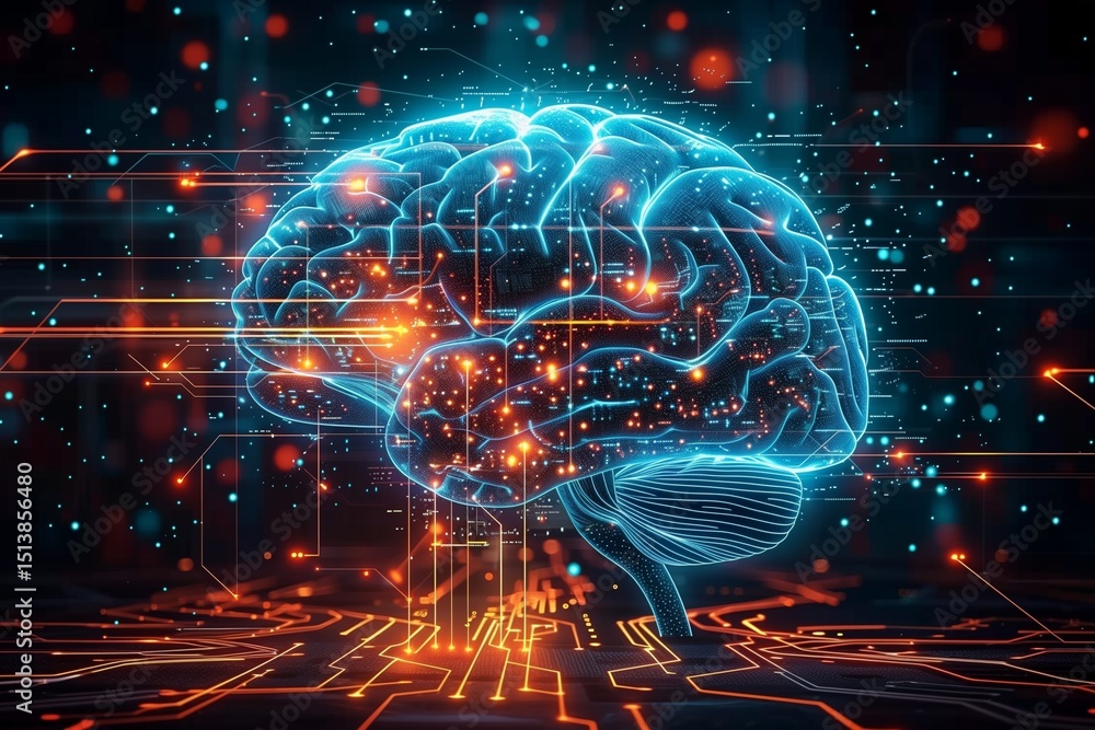 Poster futuristic neural network: a glowing brain interface with digital circuitry